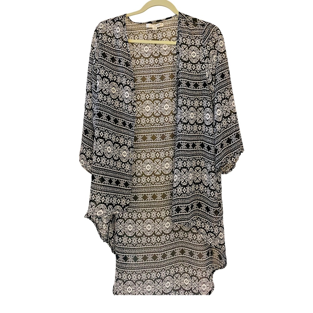 Say What? Black White Print Kimono Duster‎ Bohemian Cover Up Medium